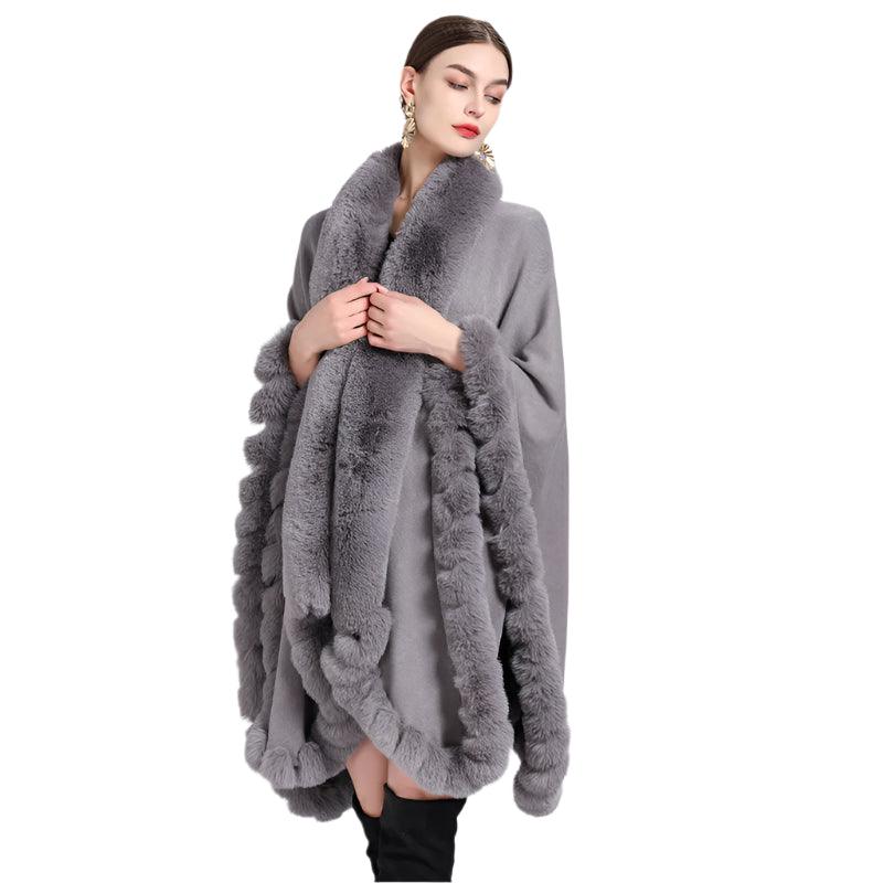 Women's Winter Thicken Shawl - Faux Rabbit Fur Long Poncho Cape Cloak - JVMCL