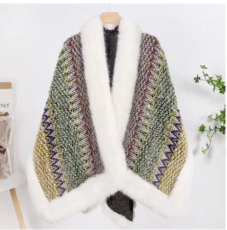 Bohemian Faux Silver Fox Fur Poncho – Knitted Wool Cloak & Luxury Shawl Wrap - JVMCL