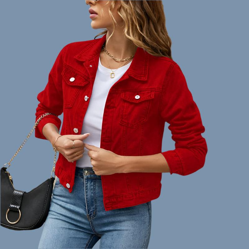 Women's Short Slim Denim Jacket -Casual Fall/Winter Jean Coat with Patch Details - JVMCL