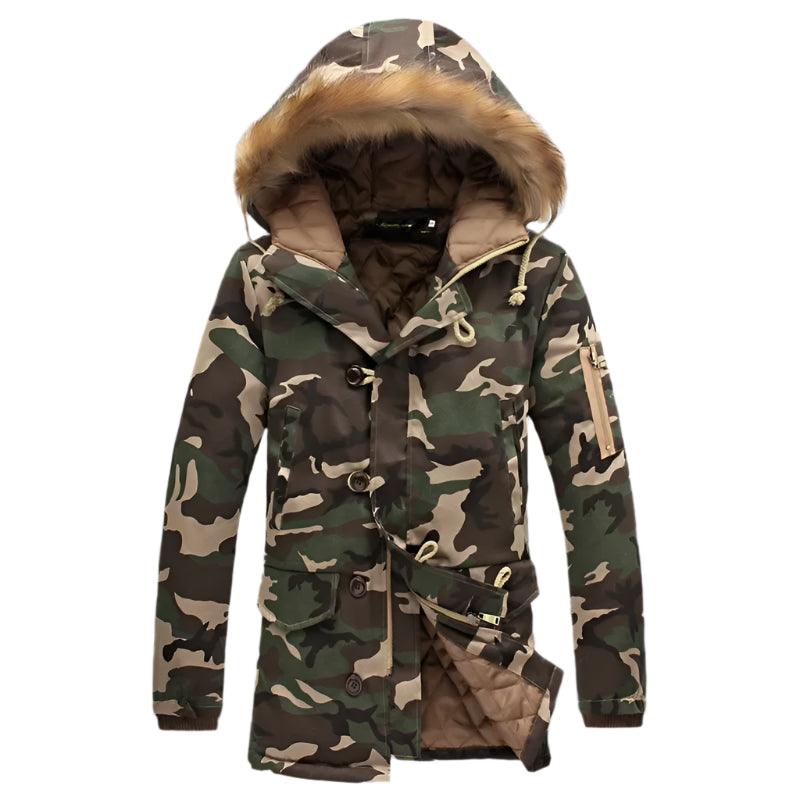 Men's Long Winter Camouflage Parka - Fur Hooded Thick Outwear Jacket - JVMCL