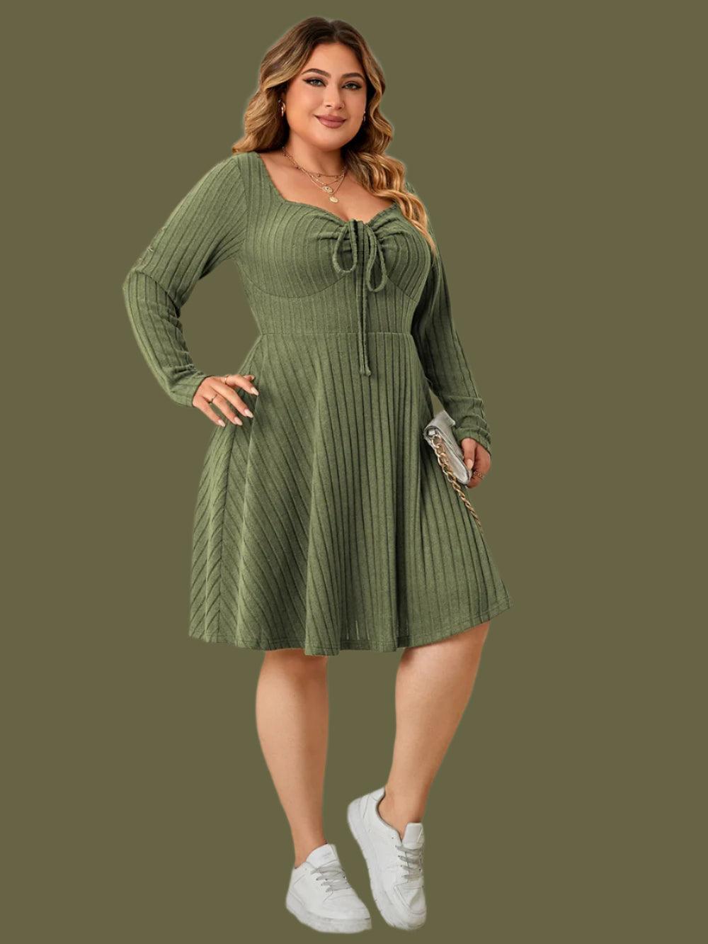 Long Sleeve Ribbed Plus Size Sweetheart Neck Knot Front A-Line Dress - JVMCL