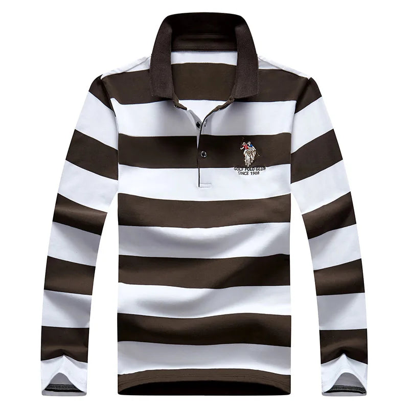 Men’s Cotton Long-Sleeve Striped Polo Shirt – Casual Business Fashion Sweater