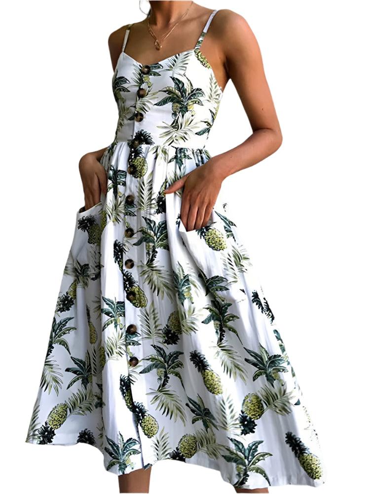 Elegance and Vintage Striped Floral Button-Up Boho Midi Sundress - JVMCL