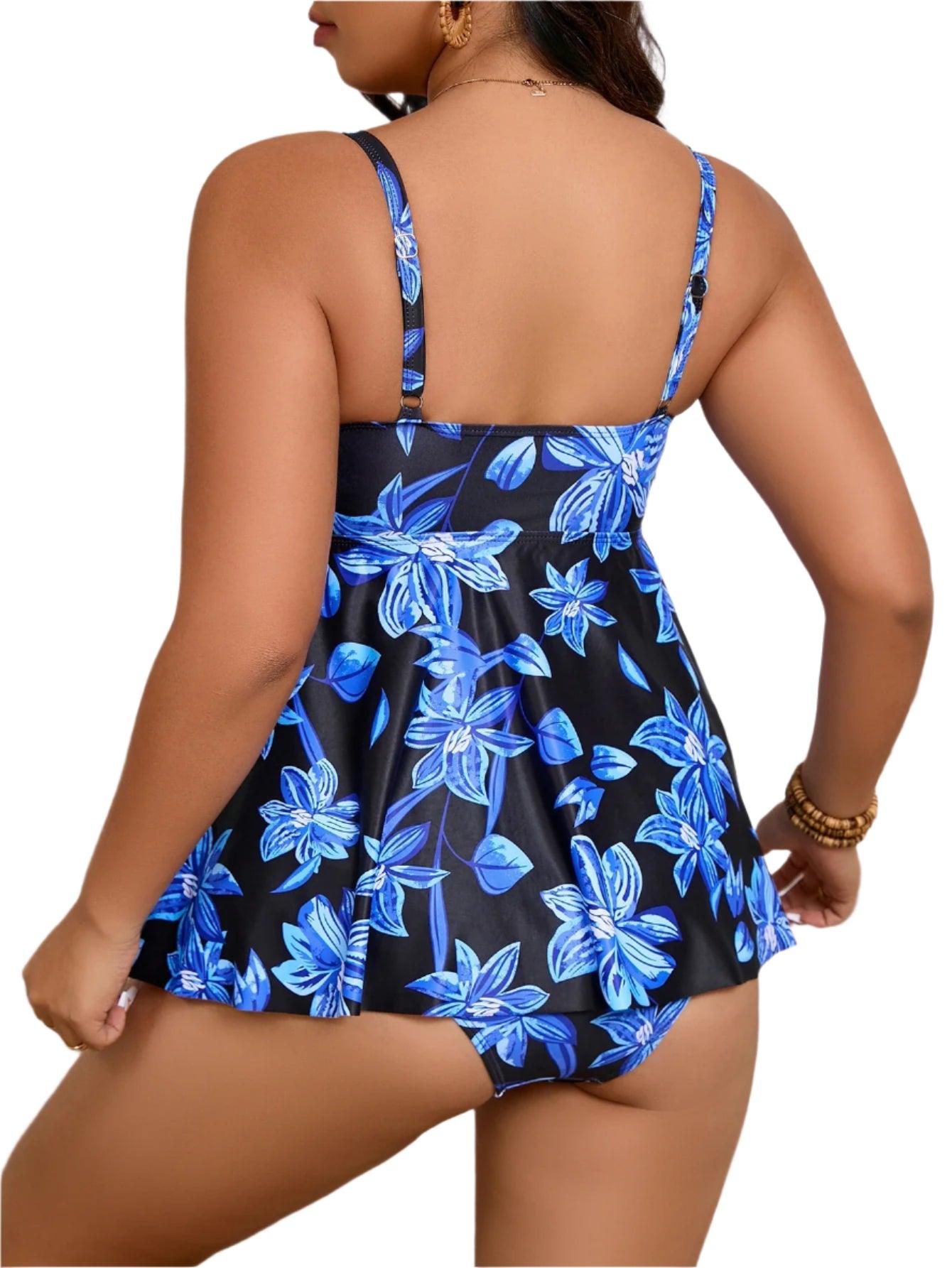 Floral Plus Size Two-Piece Swimsuit – Push-Up Beach Dress with Shorts for Women - JVMCL