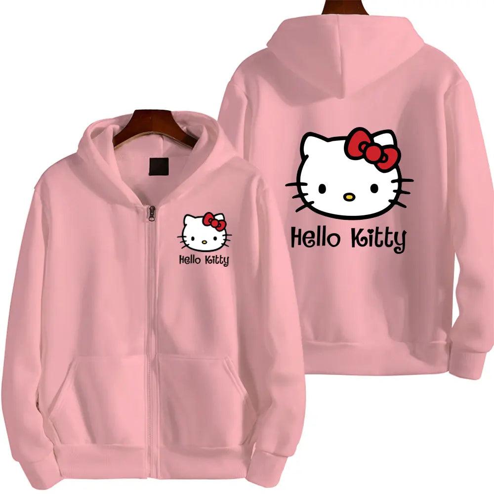 Hello Pink Zipper Hoodie – Oversized Anime Sweatshirt for Men & Women - JVMCL