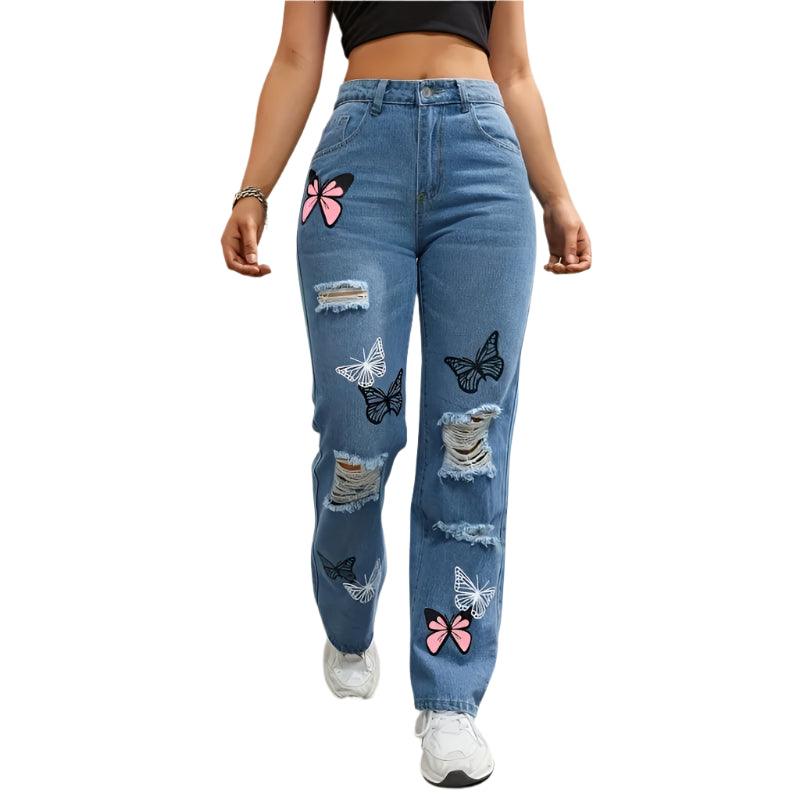 Women’s High-Waist Appliqué Straight-Leg Jeans – Trendy Streetwear Denim - JVMCL