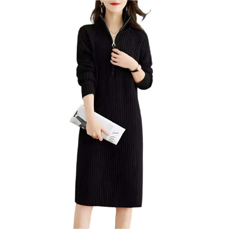 Autumn/Winter Medium Length Half Zipper Loose Casual Long Sleeve Trendy Knitted Dress - JVMCL