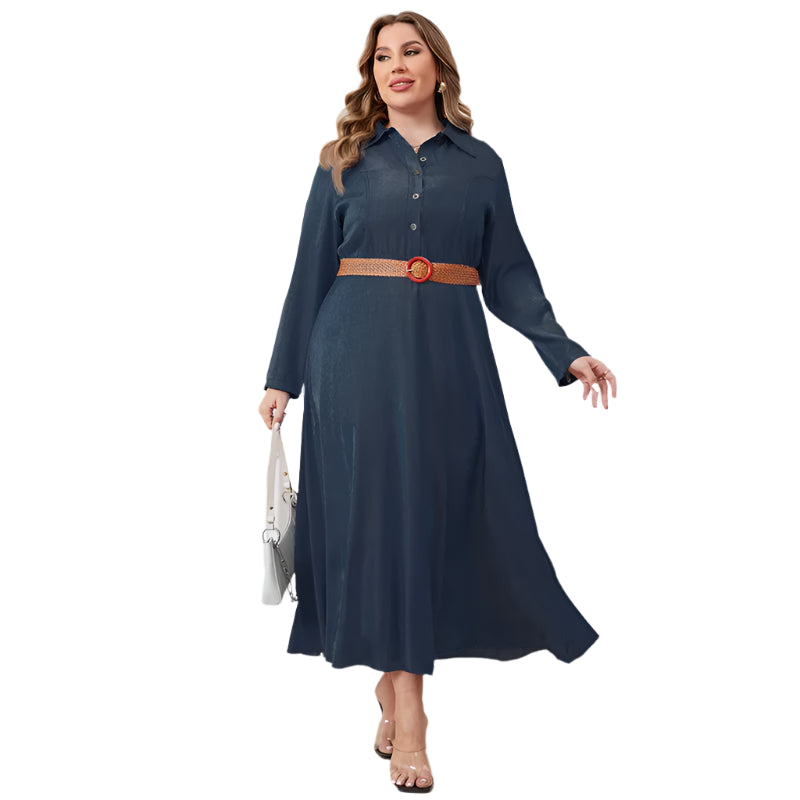 Plus Size Button-Up Long Sleeve Curvy Fit Jean Denim Women Dress