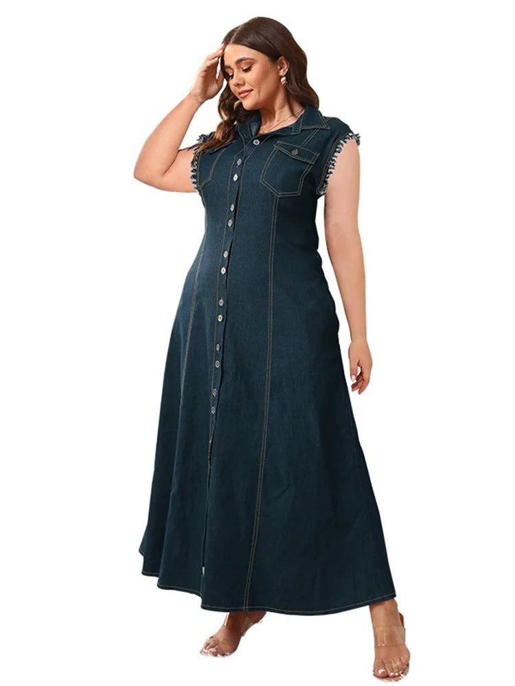 Elegant Button-Up Summer Fashion Denim Plus Size Sleeveless Maxi Dress