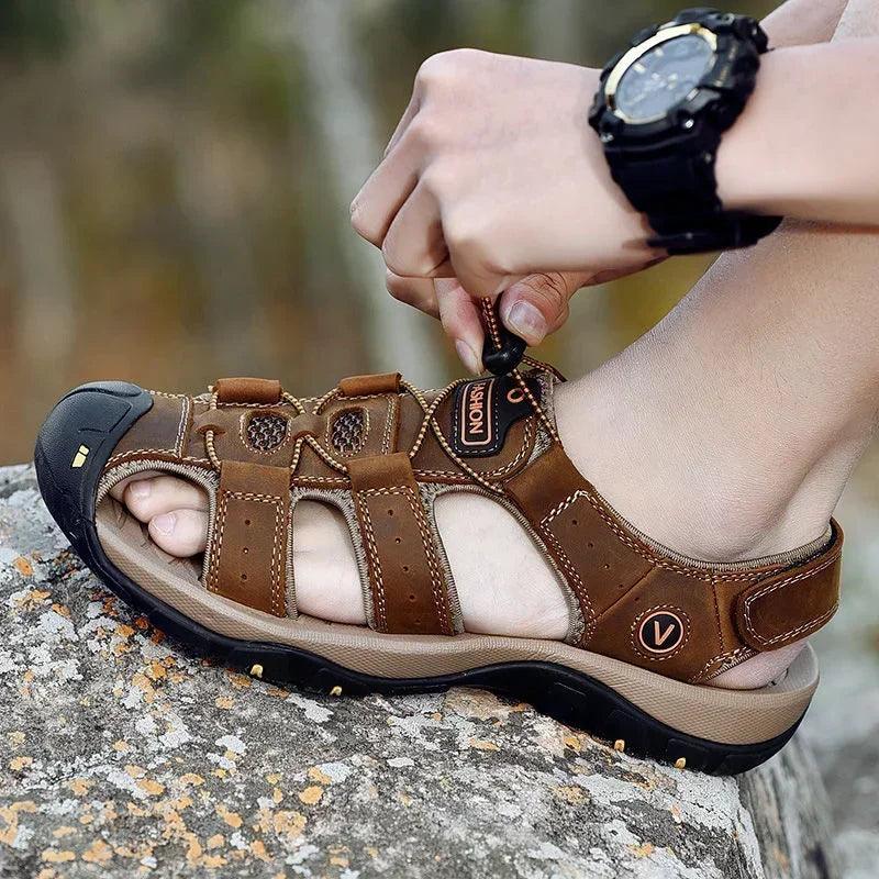 Hollow Breathable Genuine Leather Men's Slippers Outdoor Sandals - JVMCL