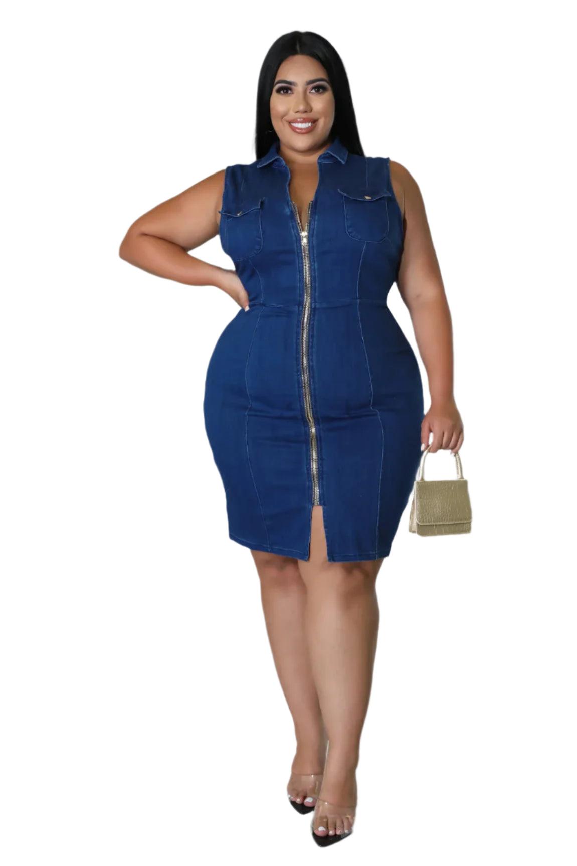 Comfortable Fit Elegant Plus Size Sleeveless Zipper Denim Dress for Women - JVMCL