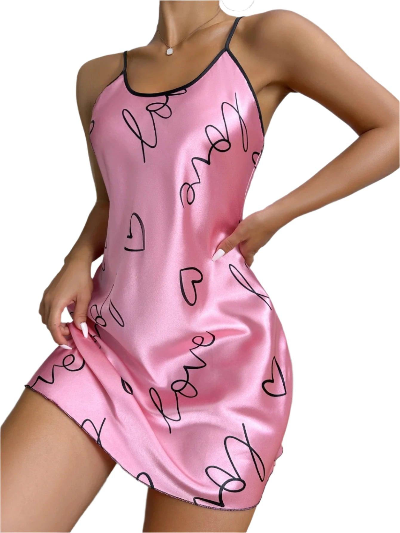 Heart Print Criss-Cross Back Nightdress - Elegant Scoop Neck Sleepwear - JVMCL