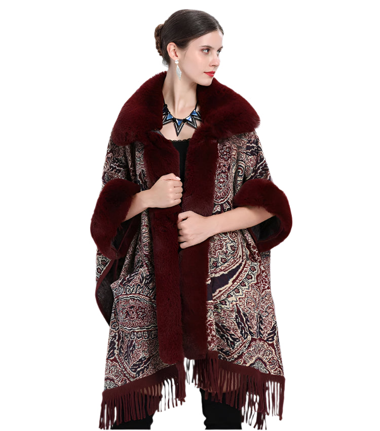 Soft Wool Blend Cape Coat – Faux Rex Rabbit Fur Jacquard Cloak for Women