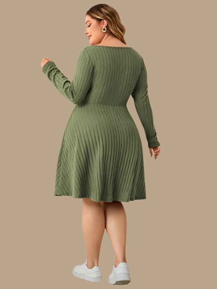 Long Sleeve Ribbed Plus Size Sweetheart Neck Knot Front A-Line Dress - JVMCL