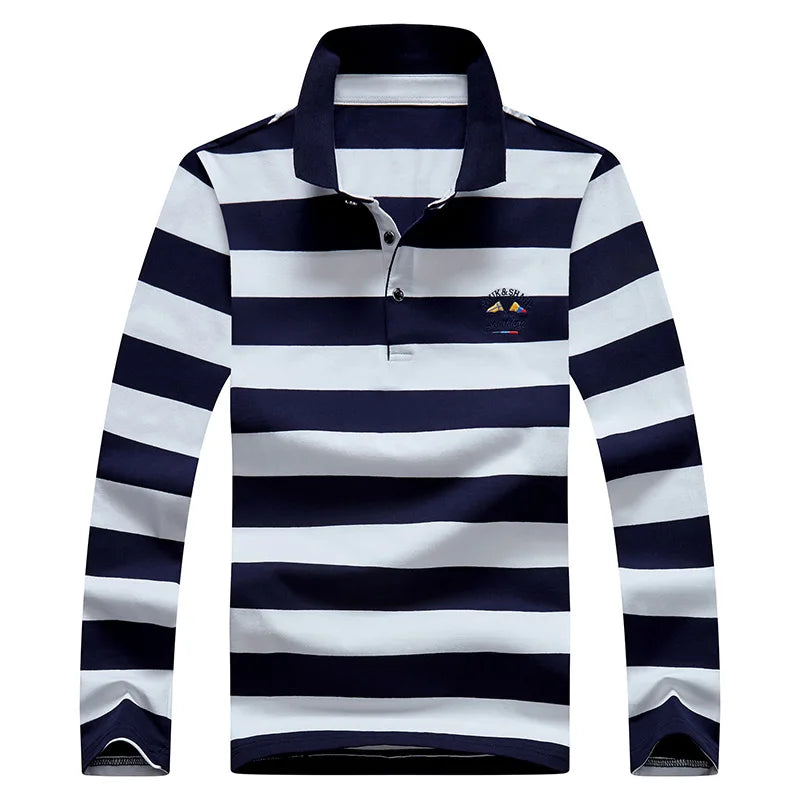 Men’s Cotton Long-Sleeve Striped Polo Shirt – Casual Business Fashion Sweater