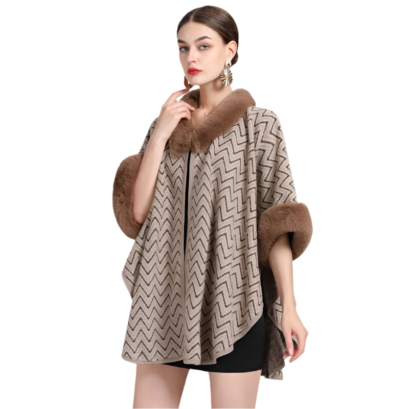 Winter Wave Striped Knit Faux Rabbit Fur Collar & Batwing Sleeves Poncho Cloak