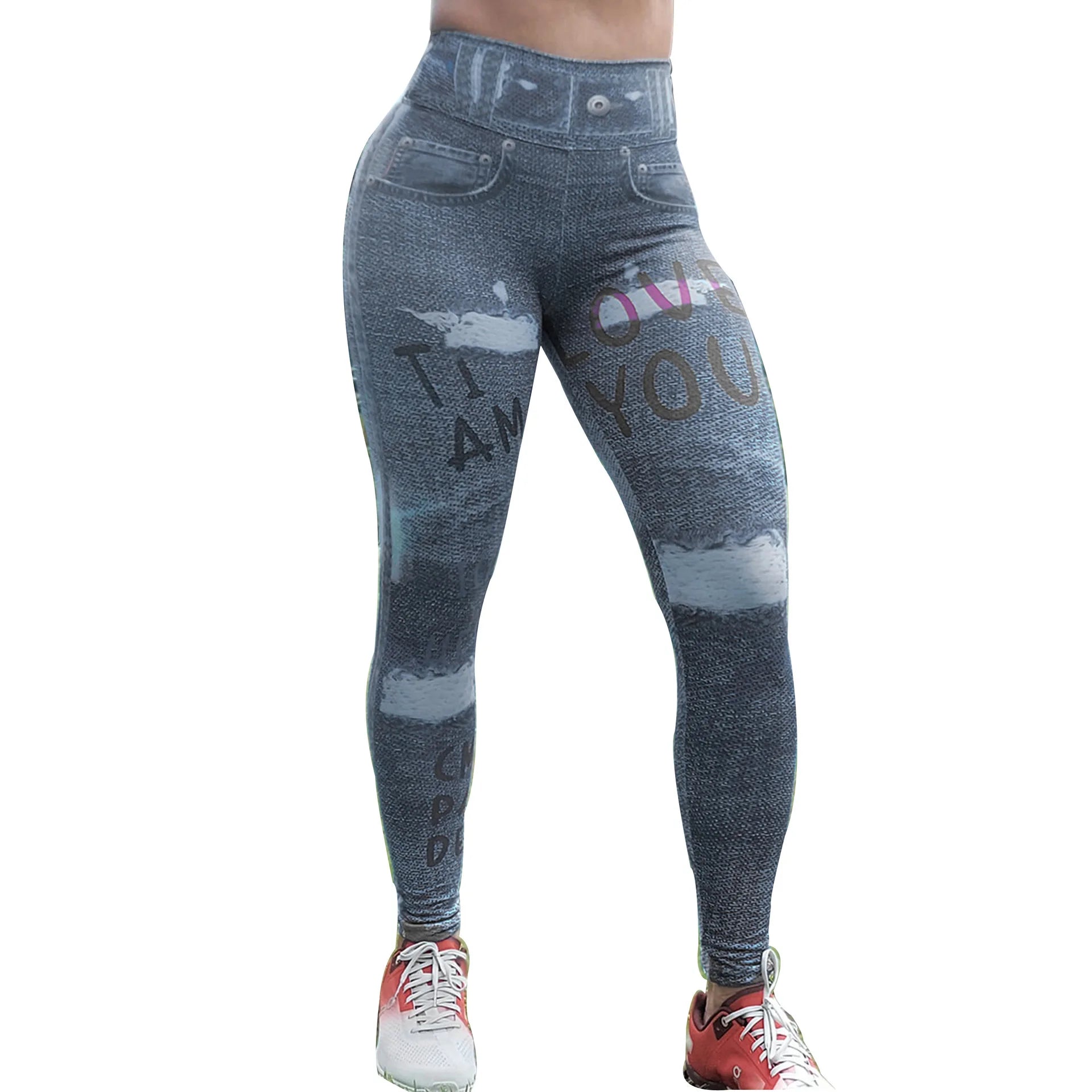 Zipper Denim Print High-Waist Push-Up Leggings – Stylish & Sporty Workout Tights - JVMCL