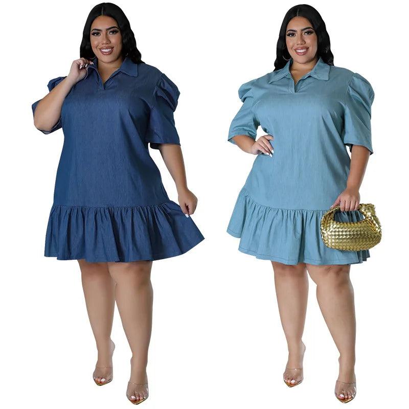 Plus Size Women’s Loose Casual Lapel Neck Short Sleeve Denim Mini Dress 3XL-5XL - JVMCL