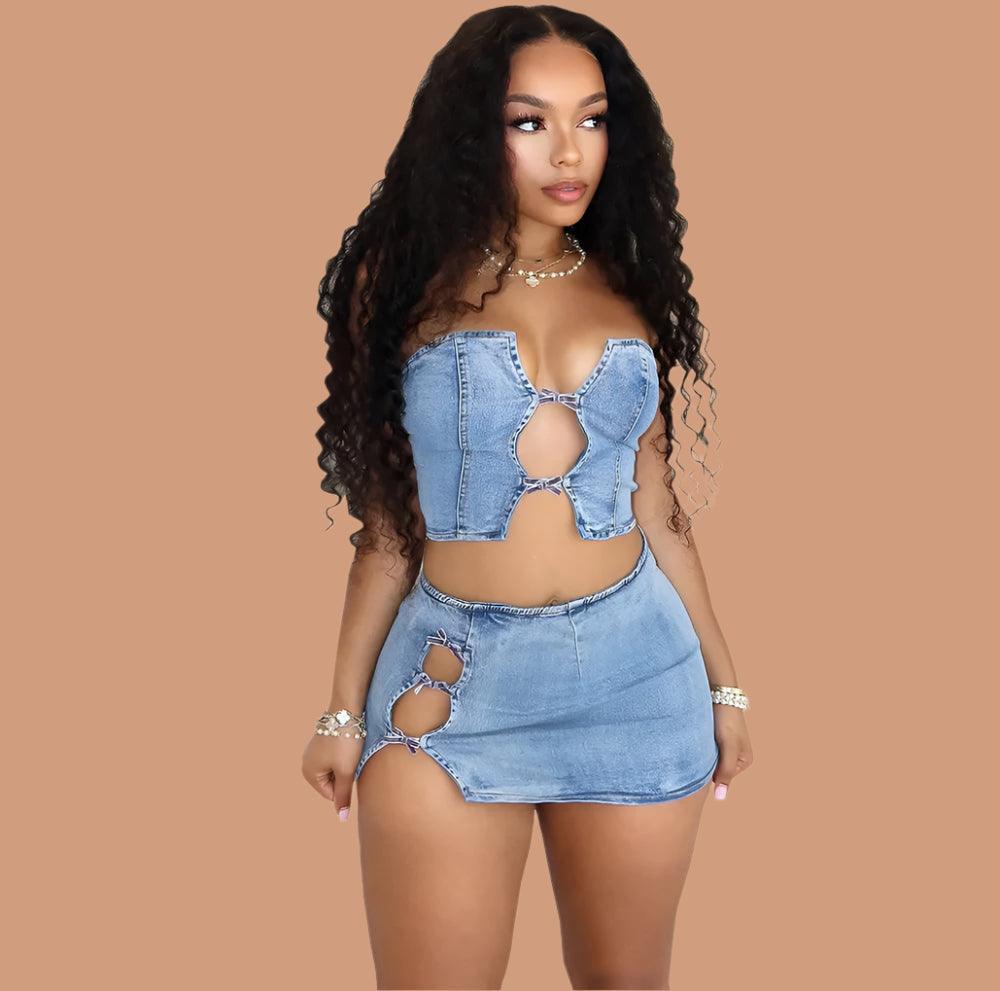 Women Set: Sleeveless Denim Strapless Tops and Mini Skirt Suits - JVMCL