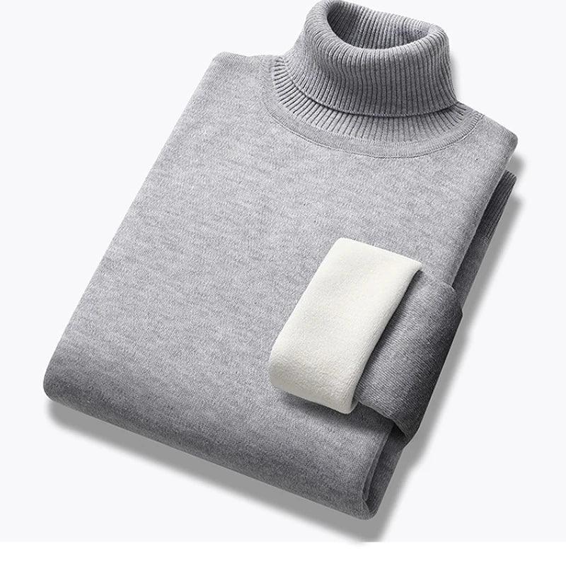 Winter Trend Sweaters Men's Solid Long Sleeved Turtleneck Fleece Warm Pullover - JVMCL