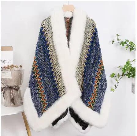 Bohemian Faux Silver Fox Fur Poncho – Knitted Wool Cloak & Luxury Shawl Wrap - JVMCL