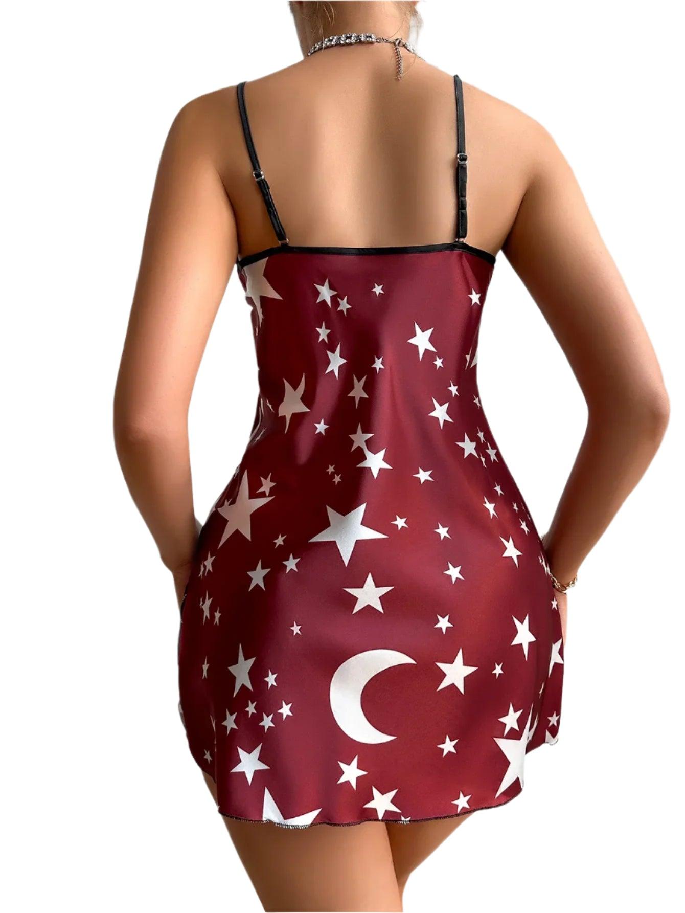 Moon & Star Print Satin Nightgown - Elegant Backless Slip Dress for Women - JVMCL