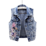 Women’s Ripped Pearl Beaded Denim Vest – Trendy Streetwear for Spring & Summer