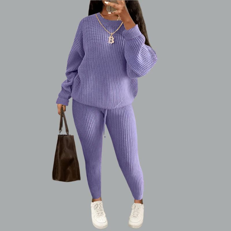 Two-Piece Knitted Autumn Women's Casual Loose Fit Outfit Sweater & Pants Set - JVMCL