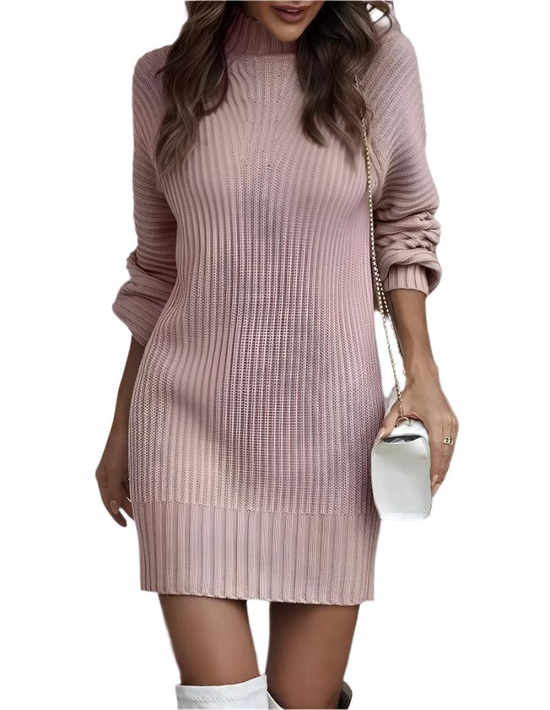 Elegant Solid Color Pit-stripe Turtleneck Long Sleeve Knitted Sweater Dresses - JVMCL