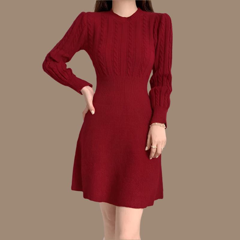 Chic Feminine Korea Winter Spring Women Office Lady O-Neck Knitted Sweater Dress - JVMCL