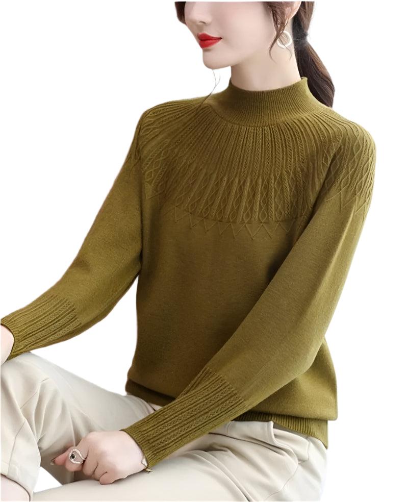 Women's Solid Half-High Collar Cashmere Sweater – Loose Knit Wool Casual Top - JVMCL