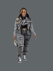 Multi-Pocket Denim Pants Outfit for Women – Elegant Two-Piece Matching Set - JVMCL