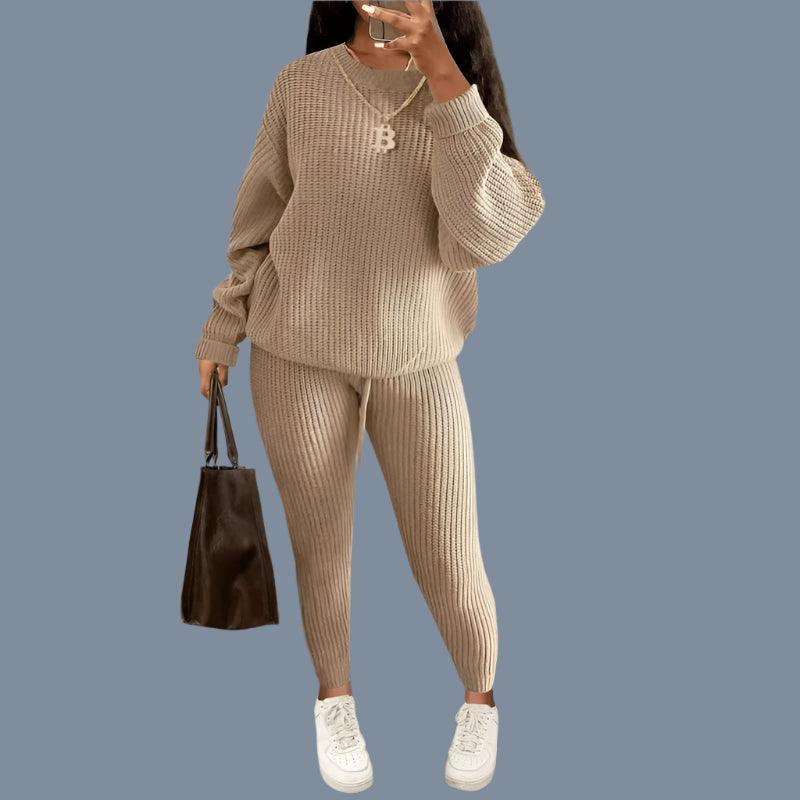 Two-Piece Knitted Autumn Women's Casual Loose Fit Outfit Sweater & Pants Set - JVMCL