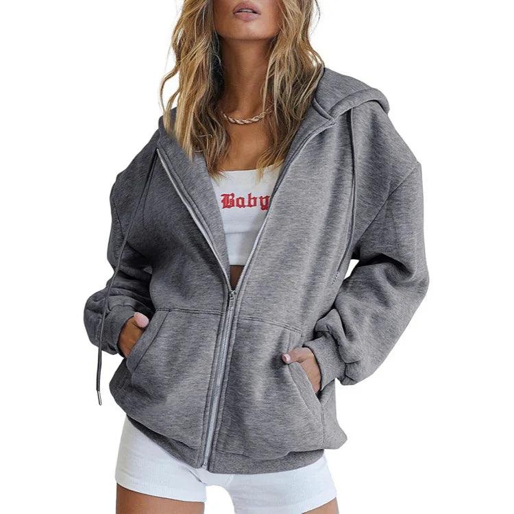 Women's Long Sleeve Solid Zip-Up Sweatshirt - Autumn/Winter Fashion Hoodie - JVMCL