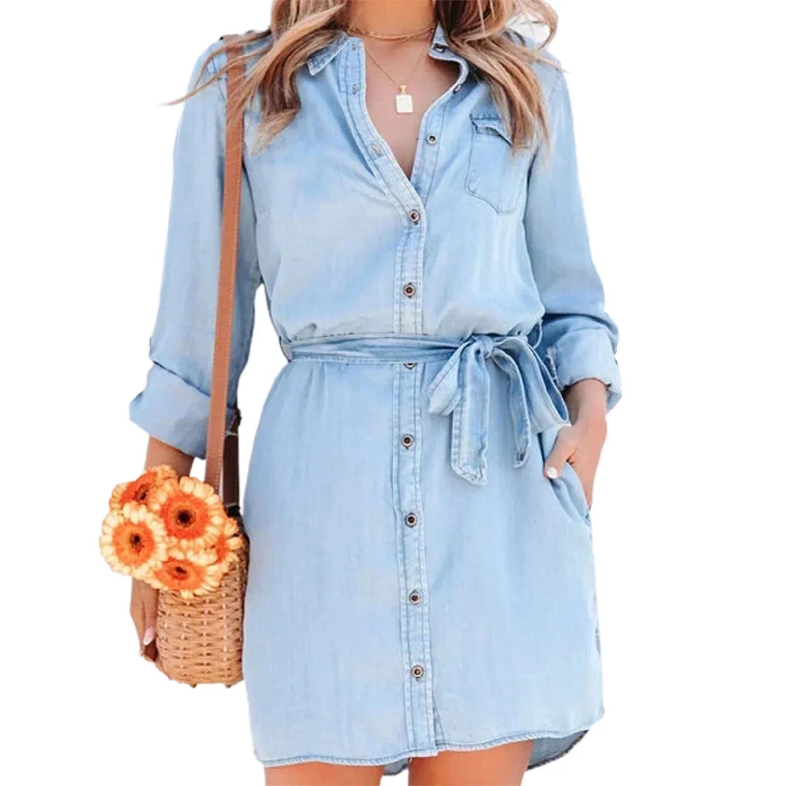 Women's Casual Denim Shirt Dress – Chic & Effortless Button-Down Style