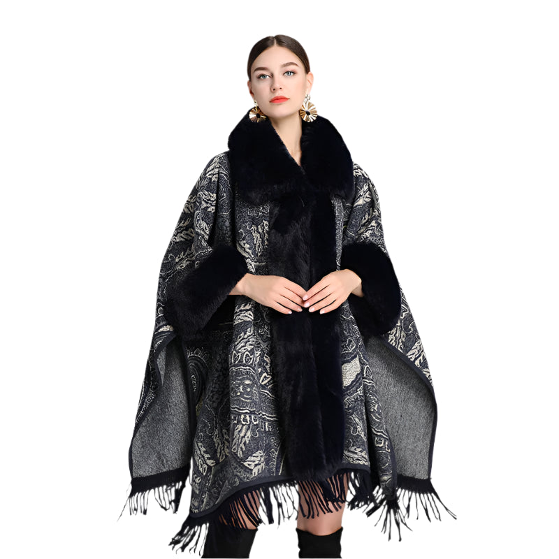 Soft Wool Blend Cape Coat – Faux Rex Rabbit Fur Jacquard Cloak for Women