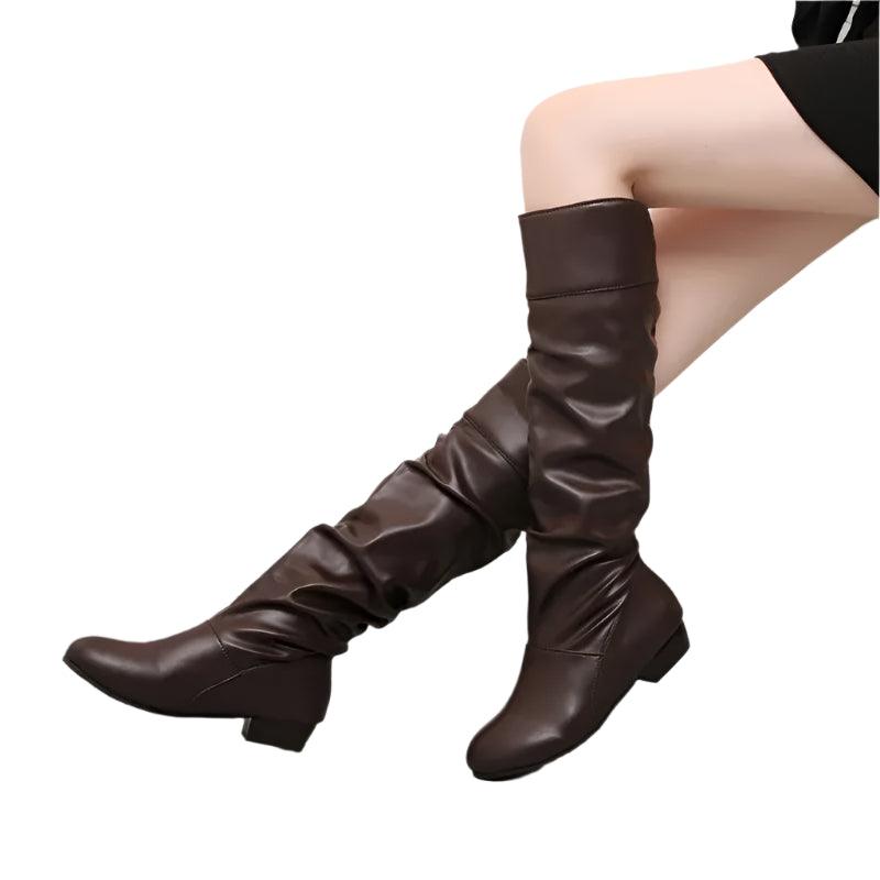 Women's PU Leather Knee-High Boots - Winter Casual Fashion Low-Heel Slim Boots - JVMCL