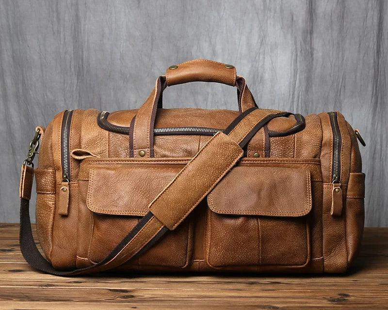 Retro Men's Genuine Leather Travel Duffel Bag – Large Capacity Hand Luggage & Messenger Bag - JVMCL