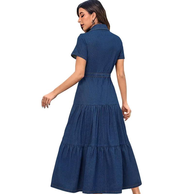 Short Sleeves Turn-Down Neckline Women’s High-Quality Denim Hollow-Out Dress - JVMCL