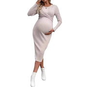 Elegant Knit Maternity Dress –Slim Fit Solid Color Long Sleeve Sheath for Autumn - JVMCL