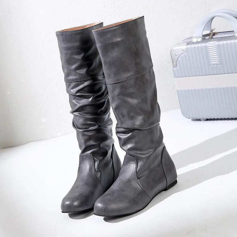 Women's Comfortable Fashion Pleated Long Mid-Calf Slip-On Winter Boots - JVMCL