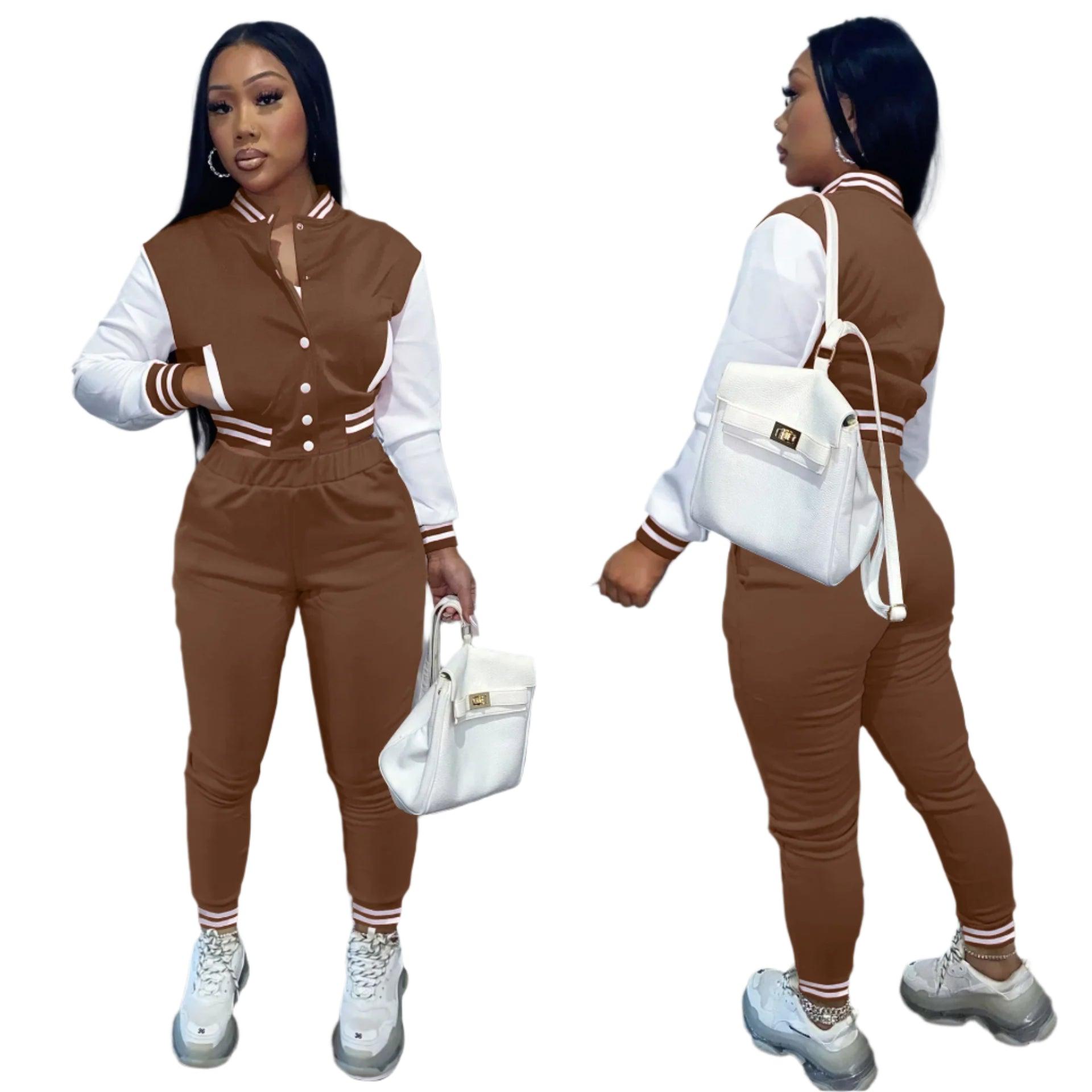 Autumn Two-Piece Women's Sports Suit - Baseball Jacket and Drawstring Pants - JVMCL