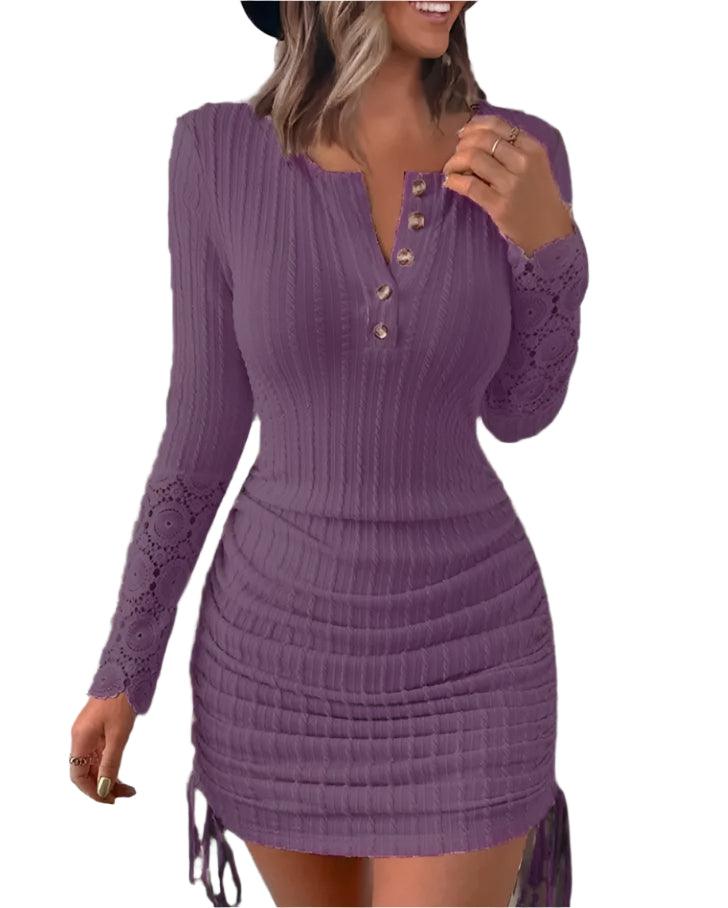 Fashion V-Neck Lace – Long Sleeve Knitted Hip Wrap Bodycon Midi Dress for Women - JVMCL