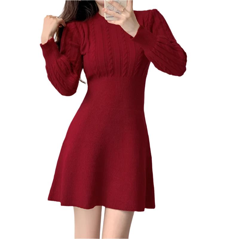 Chic Feminine Korea Winter Spring Women Office Lady O-Neck Knitted Sweater Dress - JVMCL