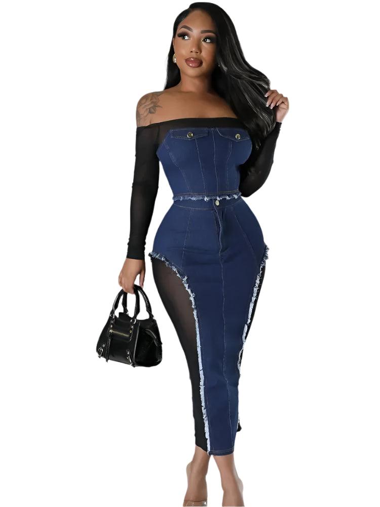 Elegant Mesh Patchwork Denim Dress Set – 2-Piece Clubwear Outfit for Women - JVMCL