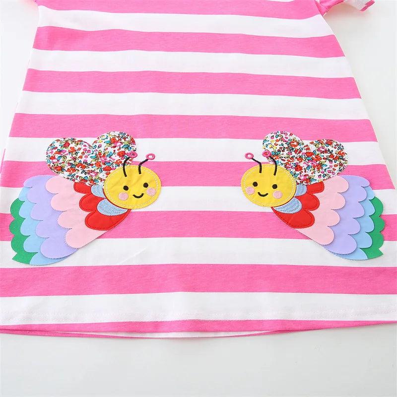 Adorable Bees Applique Striped Princess Dress – Summer Cotton Frock for Girls - JVMCL