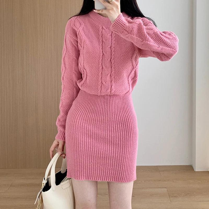 Ribbed Pullover Bodycon Batwing Sleeve Two-Piece Dress - JVMCL