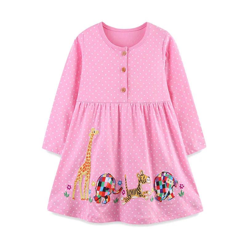 Adorable Animal Applique Princess Dress – Long Sleeve Girls' Party & School Outfit - JVMCL