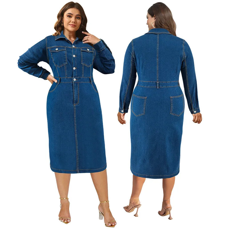 Winter Plus Size Button-Up Denim Dress – Long Sleeve Curvy Midi Jean Dress