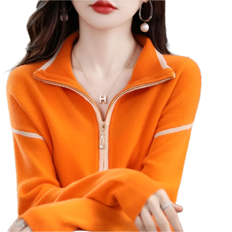 Women's Streetwear Zipper Mock Neck Knitted Sweater – Casual Loose Pullover